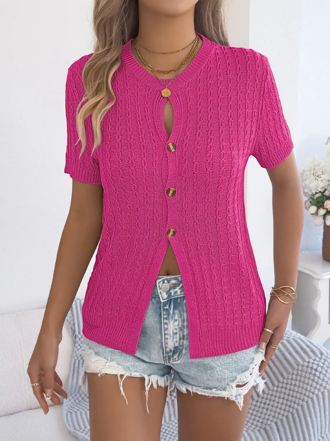 Cable Knit Button Down Short Sleeve Cardigan - Trendsi - Flyclothing LLC