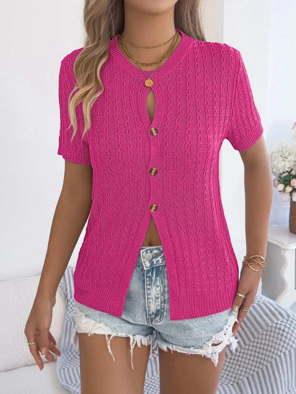 Cable Knit Button Down Short Sleeve Cardigan - Trendsi - Flyclothing LLC