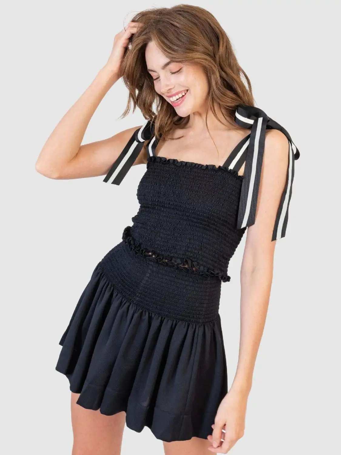 Smocked Tie Shoulder Top and Mini Skirt Set - Trendsi - Flyclothing LLC