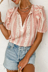Frilled Short Puff Sleeve Mixed Print Blouse - Trendsi - Flyclothing LLC