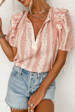 Frilled Short Puff Sleeve Mixed Print Blouse - Trendsi