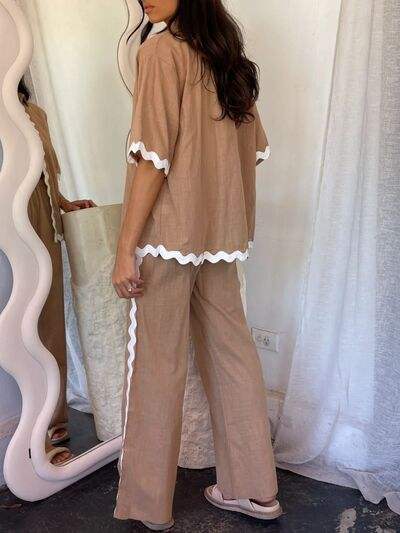 Contrast Trim Half Sleeve Top and Pants Set - Trendsi - Flyclothing LLC
