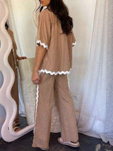 Contrast Trim Half Sleeve Top and Pants Set - Trendsi - Flyclothing LLC