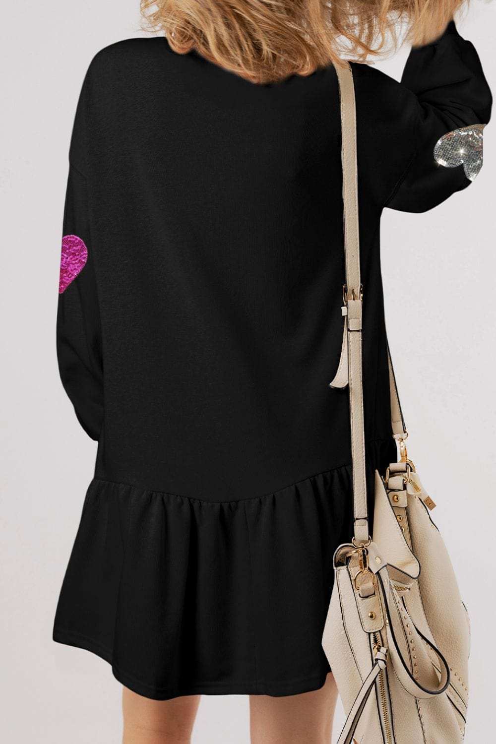 Sequin Heart Round Neck Long Sleeve Mini Dress - Trendsi - Flyclothing LLC