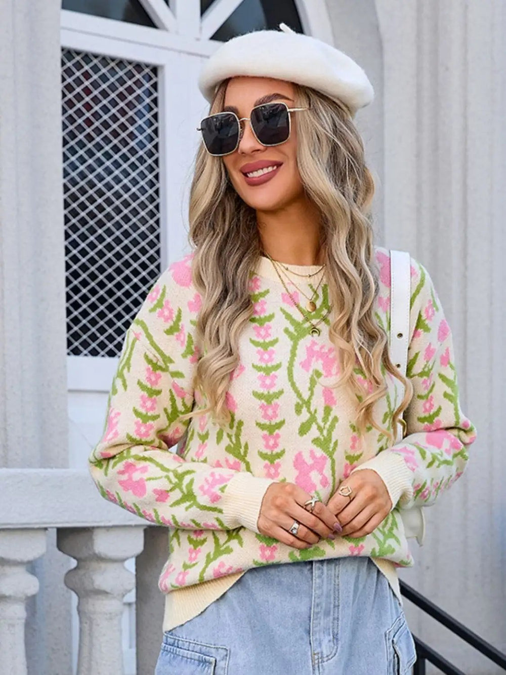 Flower Round Neck Long Sleeve Sweater - Trendsi