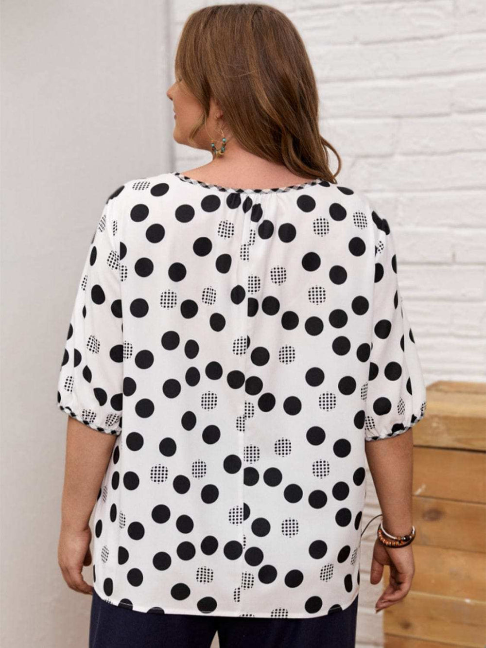Plus Size Polka Dot Round Neck Half Sleeve Blouse - Trendsi - Flyclothing LLC