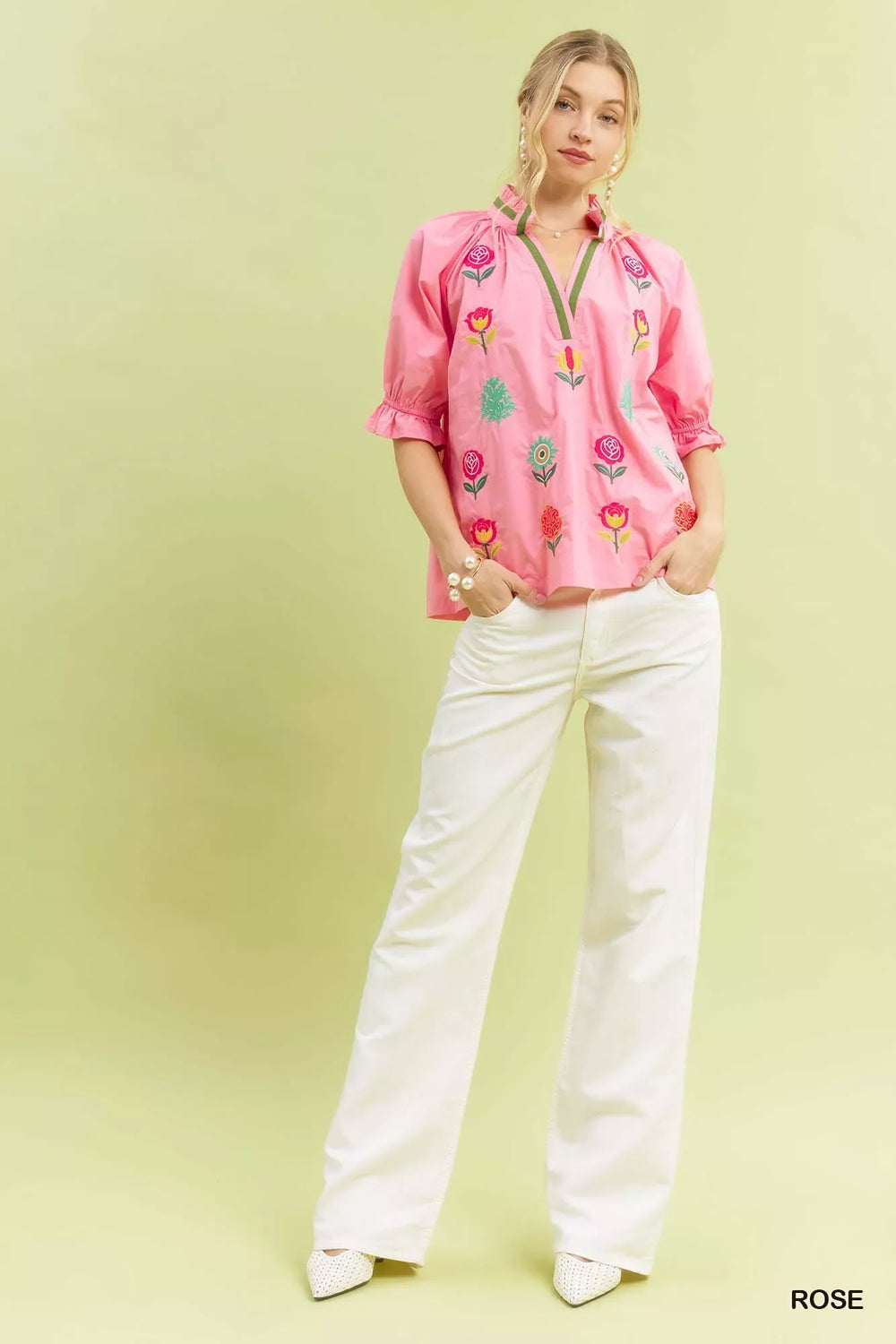Umgee Embroidered Floral Top with Contrast Trim - Trendsi - Flyclothing LLC