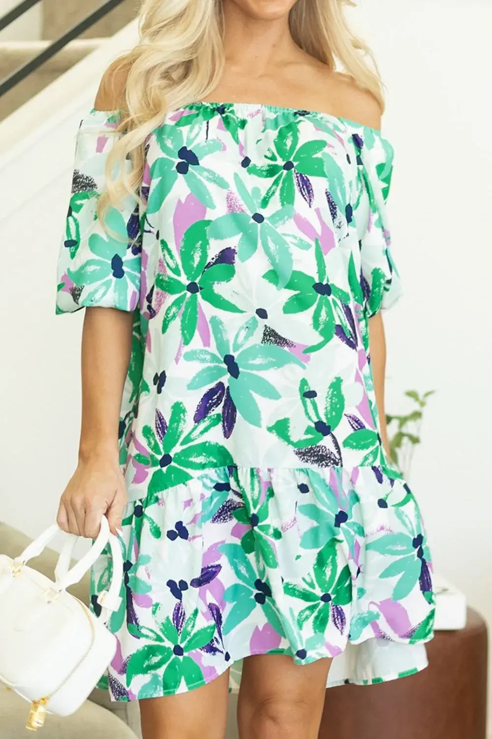 Floral Print Shirred Square Neck Loose Fit Mini Dress - Trendsi - Flyclothing LLC