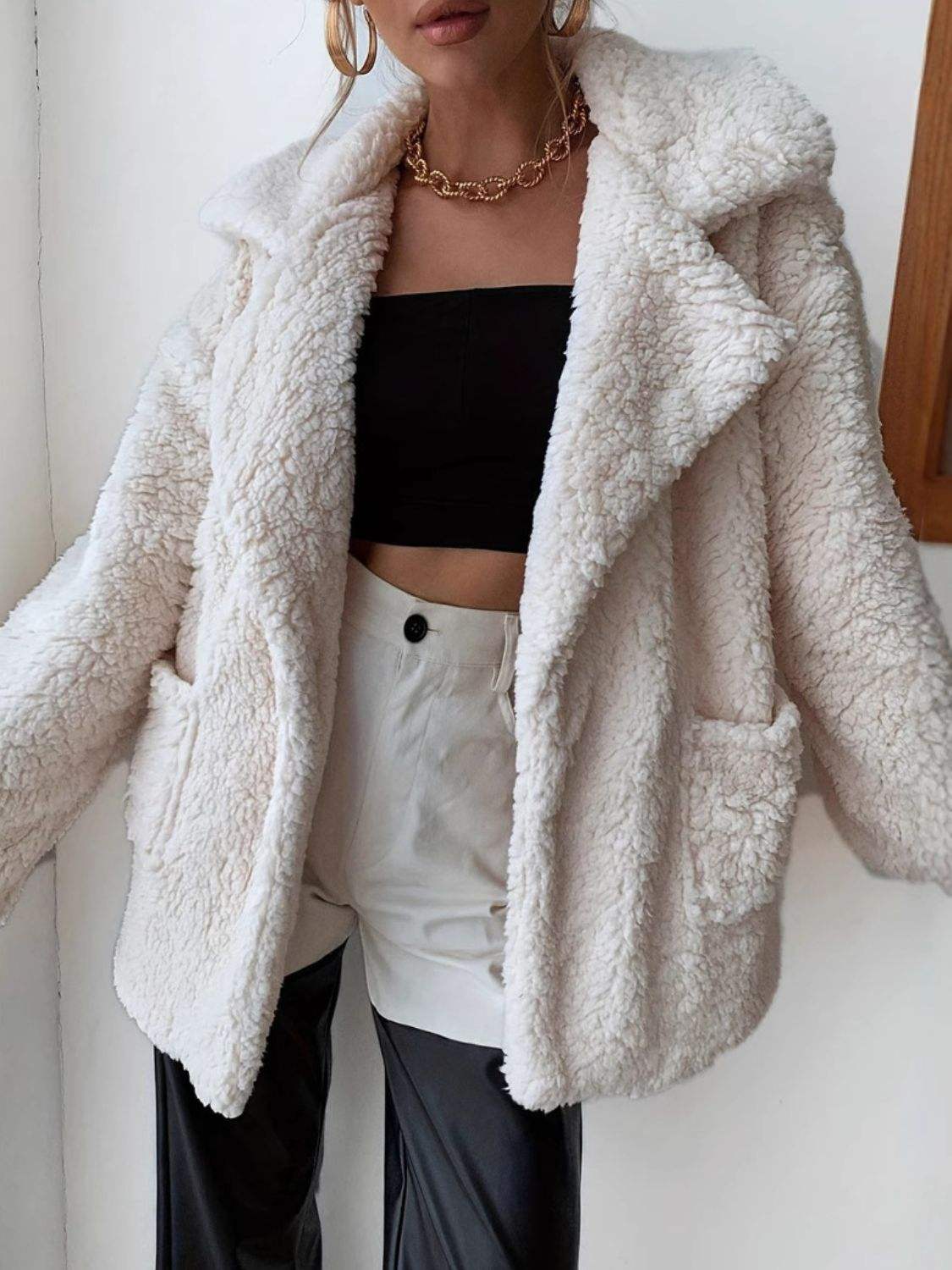 Fuzzy Open Front Long Sleeve Coat - Trendsi - Flyclothing LLC