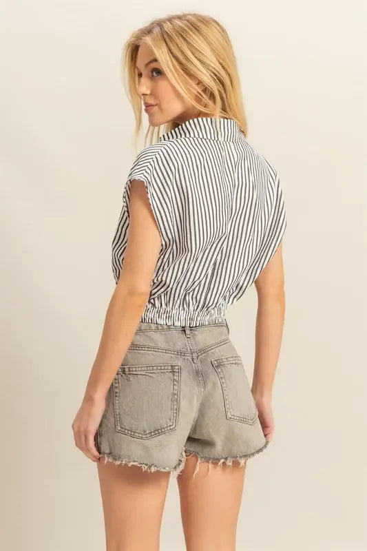 HYFVE Striped Elastic Hem Johnny Collar Cap Sleeve Blouse - Trendsi - Flyclothing LLC