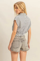 HYFVE Striped Elastic Hem Johnny Collar Cap Sleeve Blouse - Trendsi - Flyclothing LLC