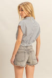 HYFVE Striped Elastic Hem Johnny Collar Cap Sleeve Blouse - Trendsi