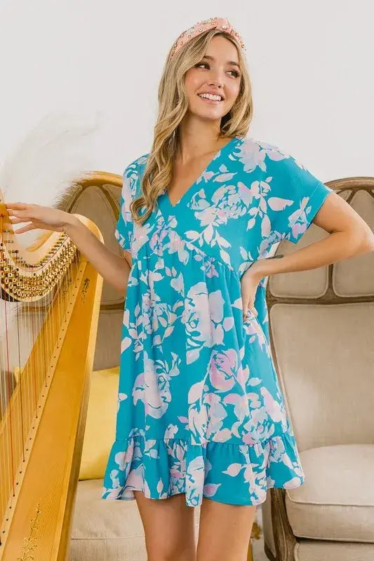 BiBi Floral Crinkle Shirred Ruffle Detail V Neck Dress - Trendsi - Flyclothing LLC