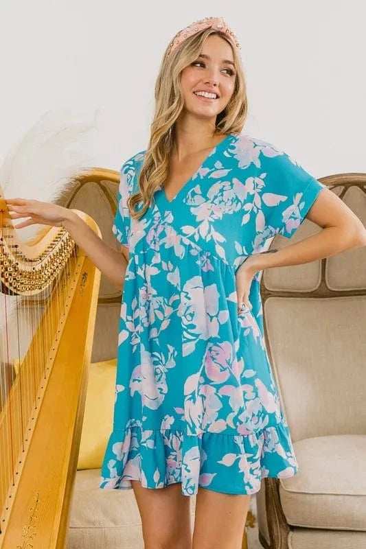 BiBi Floral Crinkle Shirred Ruffle Detail V Neck Dress - Trendsi - Flyclothing LLC