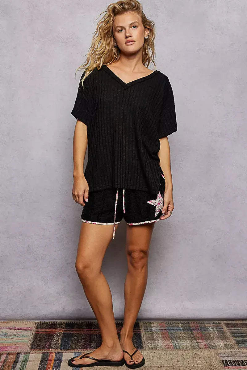 POL Ribbed Knit V-Neck Short Sleeve T-Shirt - Trendsi - Flyclothing LLC