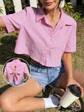 Bow Back Striped Short Sleeve Shirt - Trendsi