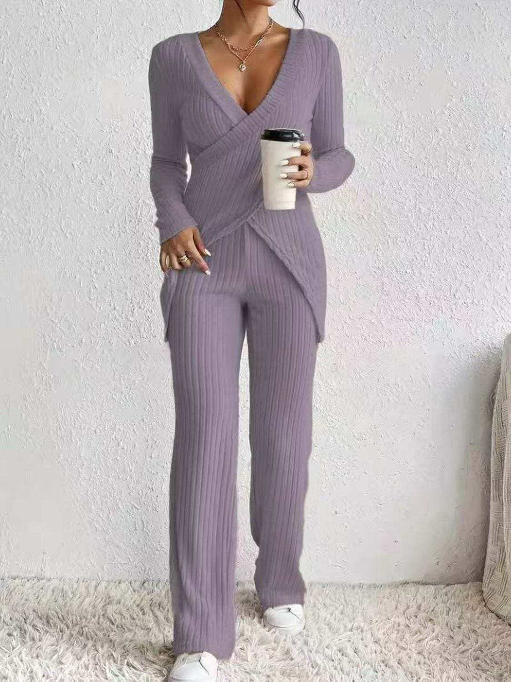 Surplice Long Sleeve Top and Pants Set - Trendsi - Flyclothing LLC