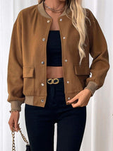 Perfee Baseball Collar Snap Down Long Sleeve Jacket - Trendsi - Flyclothing LLC