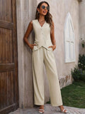 Button Down V-Neck Vest and Pants Set - Trendsi