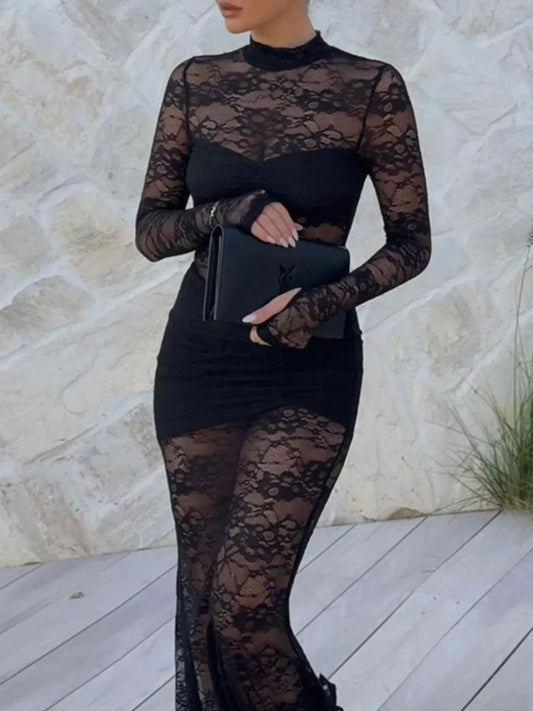 Lace Sheer Mock Neck Long Sleeve Maxi Dress - Trendsi - Flyclothing LLC
