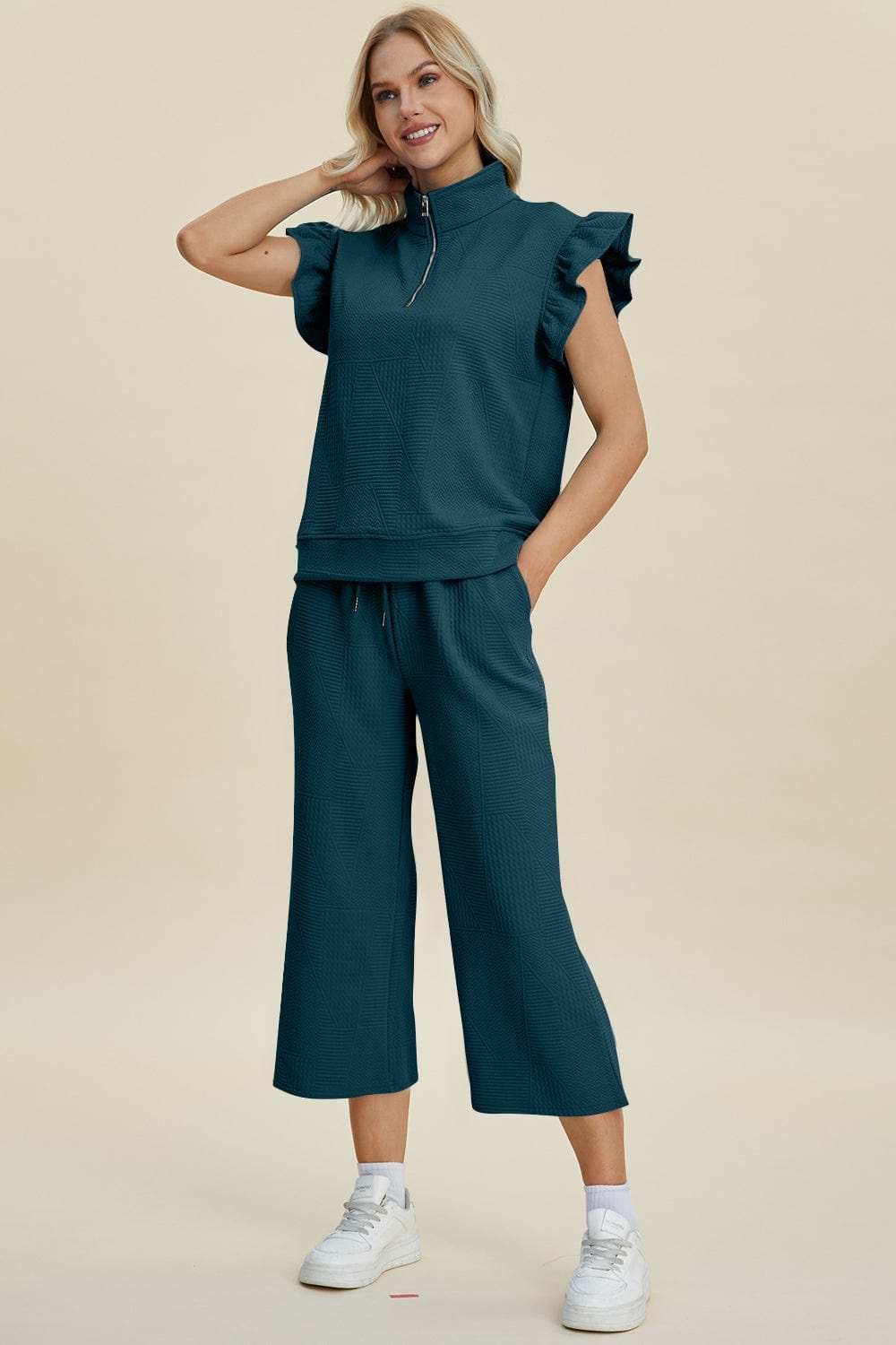 Double Take Full Size Texture Ruffle Short Sleeve Top and Wide Leg Pants Set - Trendsi - Flyclothing LLC