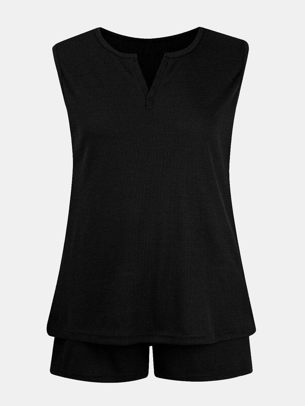 Full Size Waffle-Knit Notched Top and Shorts Set - Trendsi - Flyclothing LLC