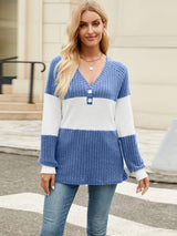 Color Block V-Neck Long Sleeve T-Shirt - Trendsi - Flyclothing LLC