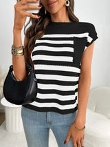 Striped Mock Neck Cap Sleeve Knit Top - Trendsi - Flyclothing LLC