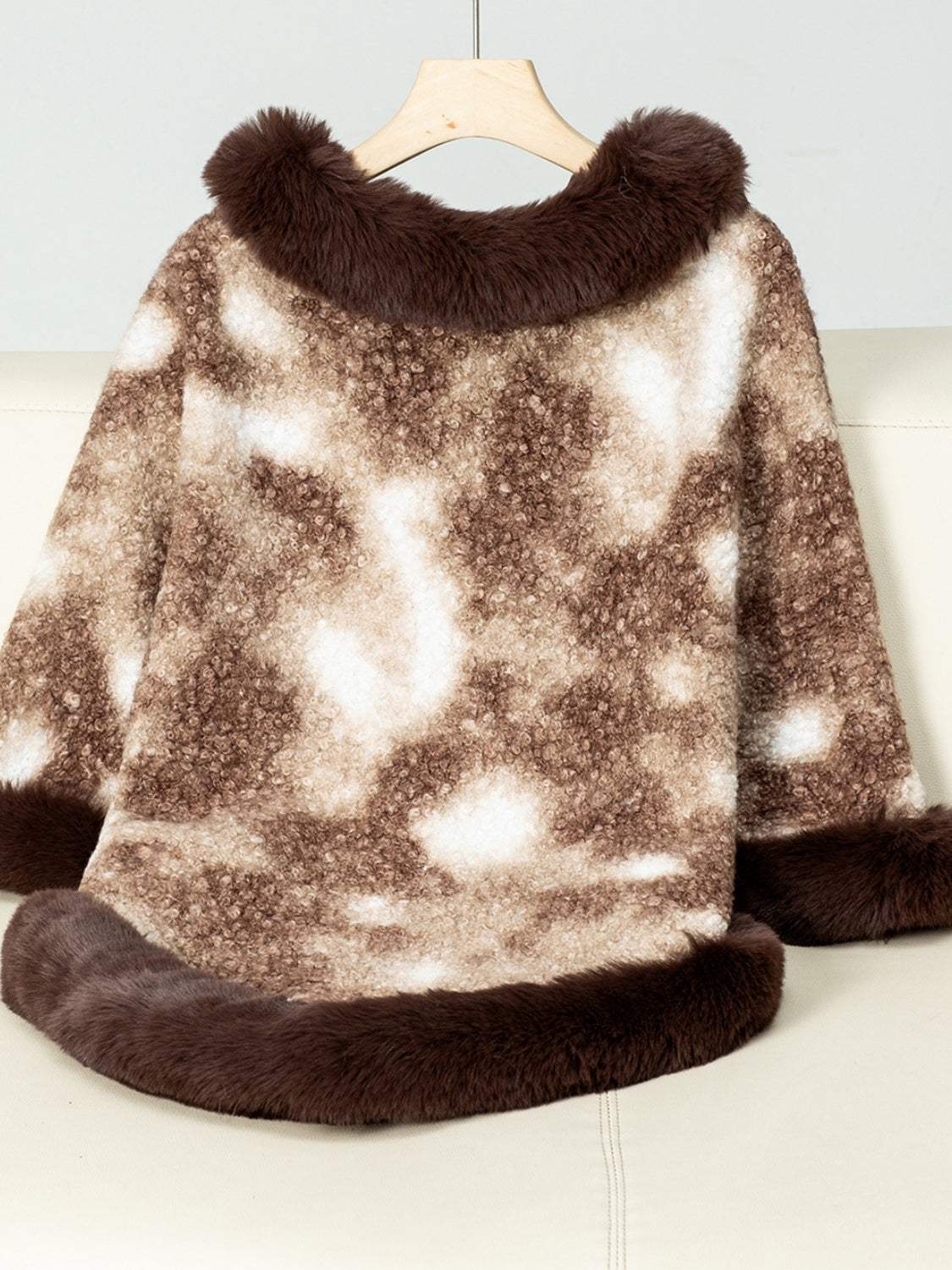 Furry Contrast Three-Quarter Poncho - Trendsi - Flyclothing LLC