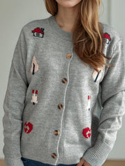 Button Up Round Neck Long Sleeve Cardigan - Trendsi