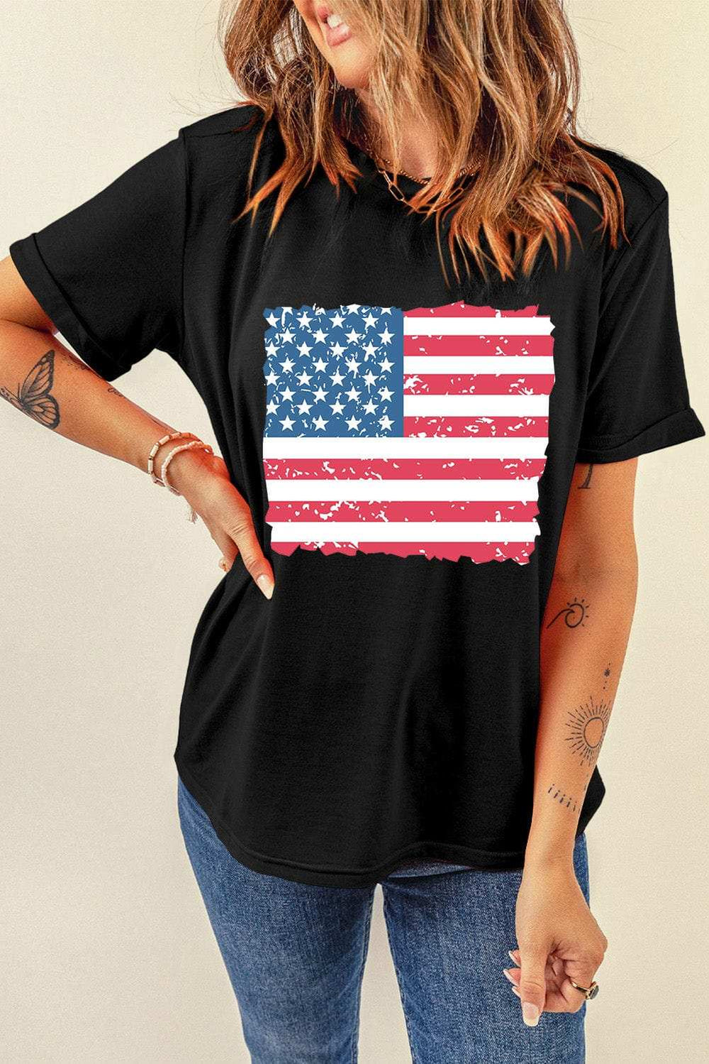 US Flag Round Neck Short Sleeve T-Shirt - Trendsi - Flyclothing LLC