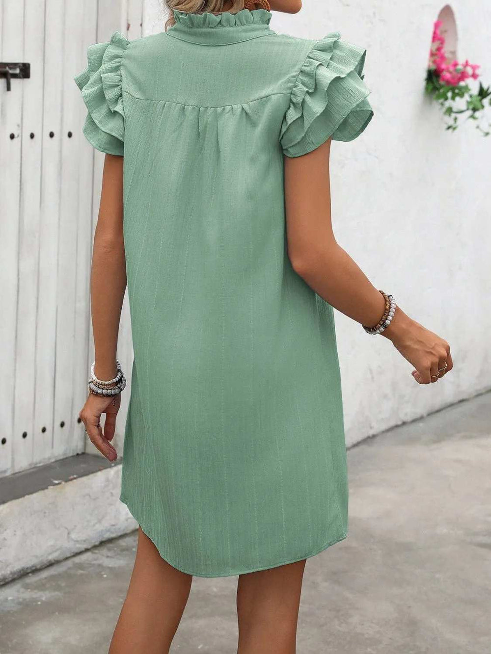 Ruffled Notched Cap Sleeve Mini Dress - Trendsi - Flyclothing LLC