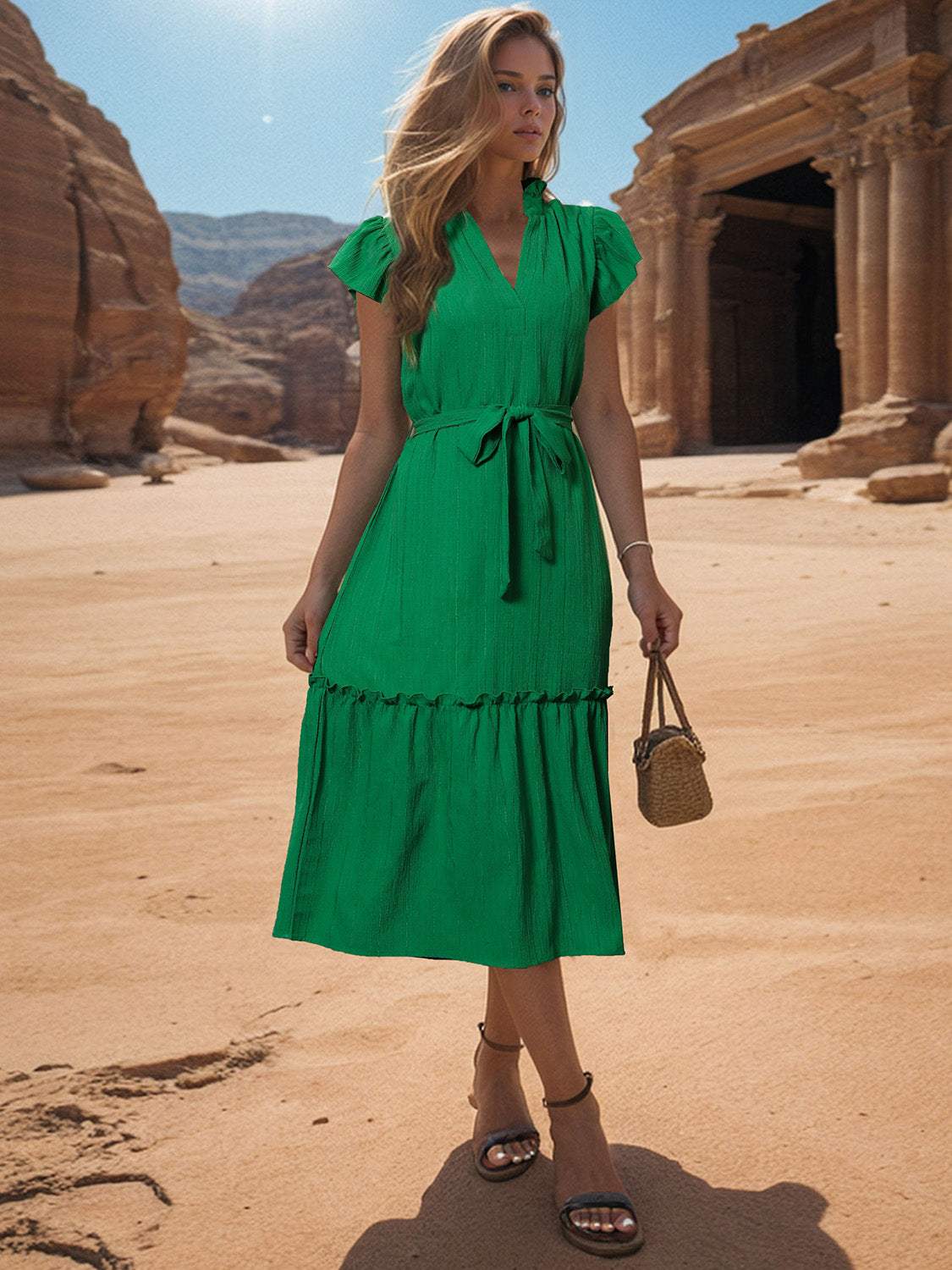 Tied Notched Cap Sleeve Dress - Trendsi - Flyclothing LLC