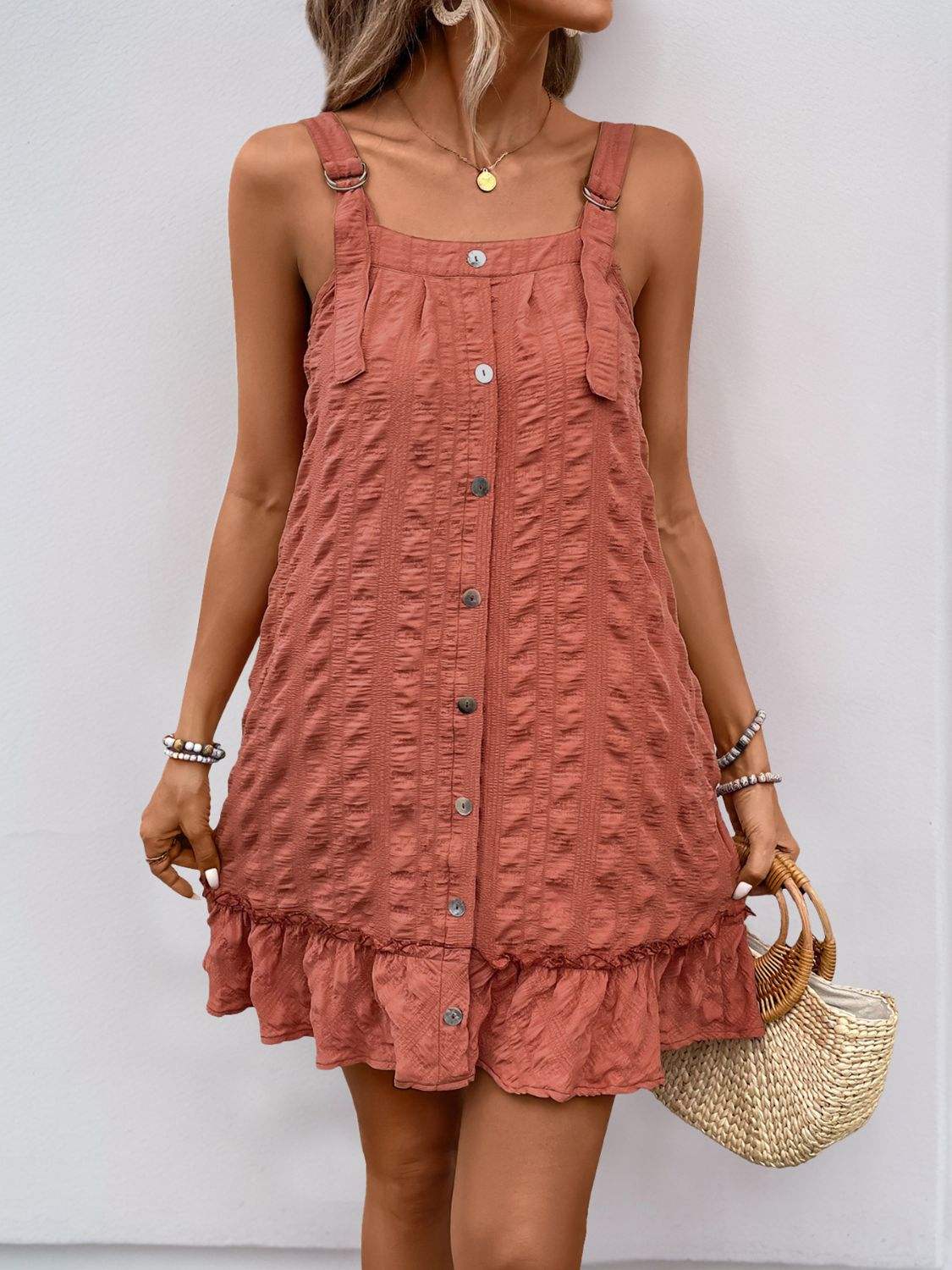 Perfee Texture Square Neck Wide Strap Mini Dress - Trendsi - Flyclothing LLC