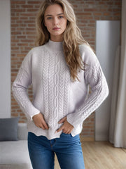 Cable-Knit Mock Neck Dropped Shoulder Sweater - Trendsi