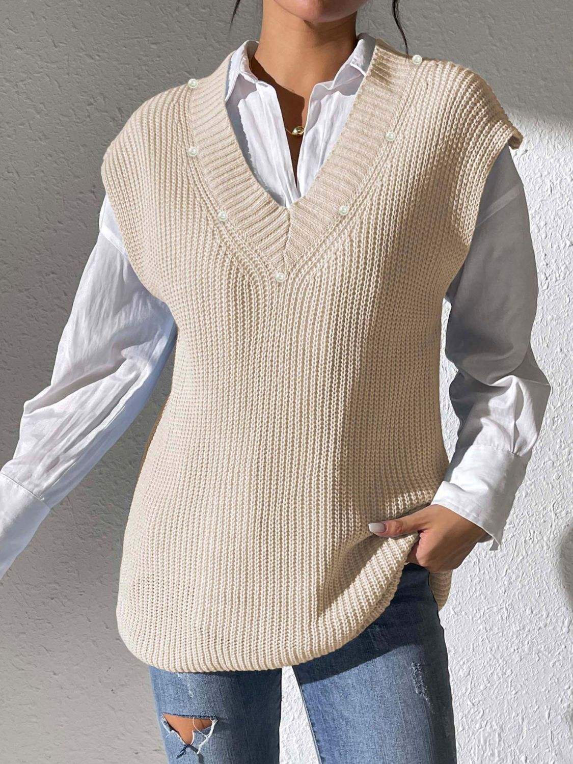 Pearl Trim V-Neck Sweater Vest - Trendsi - Flyclothing LLC