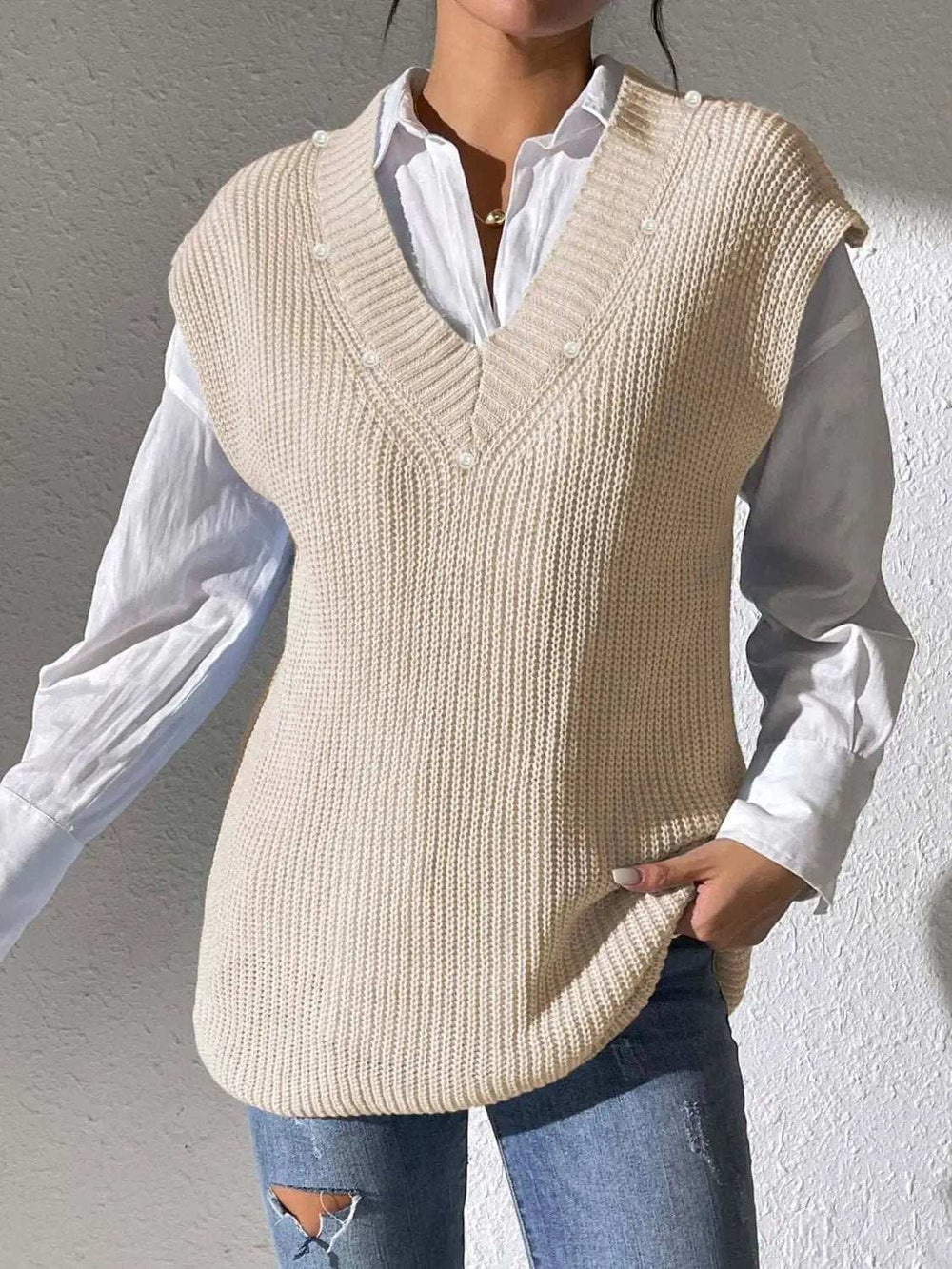 Pearl Trim V-Neck Sweater Vest - Trendsi - Flyclothing LLC