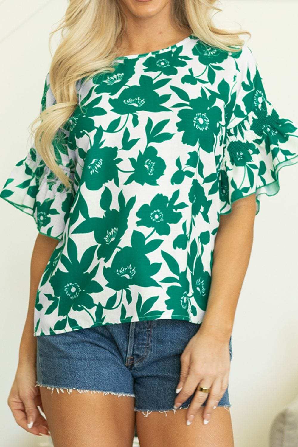 Floral Print Ruffled Short Sleeve Round Neck Loose Blouse - Trendsi - Flyclothing LLC