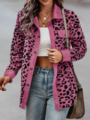 Full Size Leopard Collared Neck Button Up Long Sleeve Jacket - Trendsi