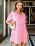 Pocketed Collared Neck Short Sleeve Denim Dress - Trendsi - Flyclothing LLC