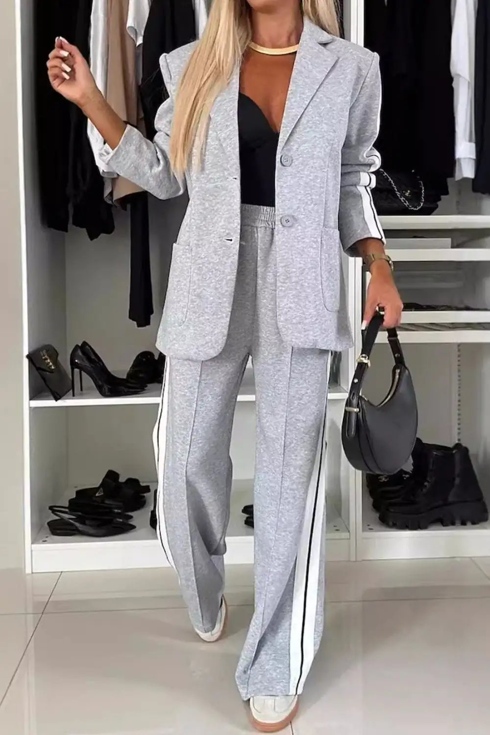 Full Size Contrast Lapel Collar Top and Pants Set - Trendsi
