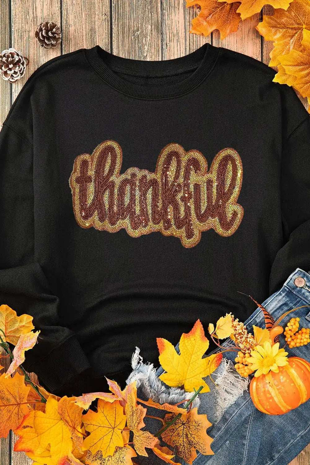 THANKFUL Round Neck Long Sleeve Sweatshirt - Trendsi - Flyclothing LLC