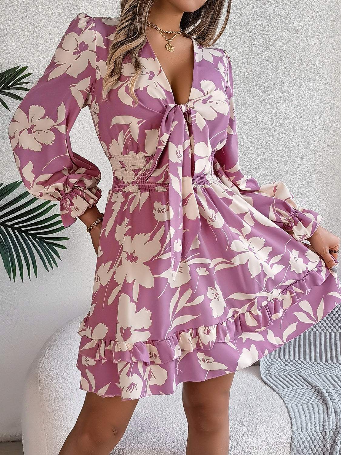 Tied Ruffled Printed Long Sleeve Dress - Trendsi - Flyclothing LLC