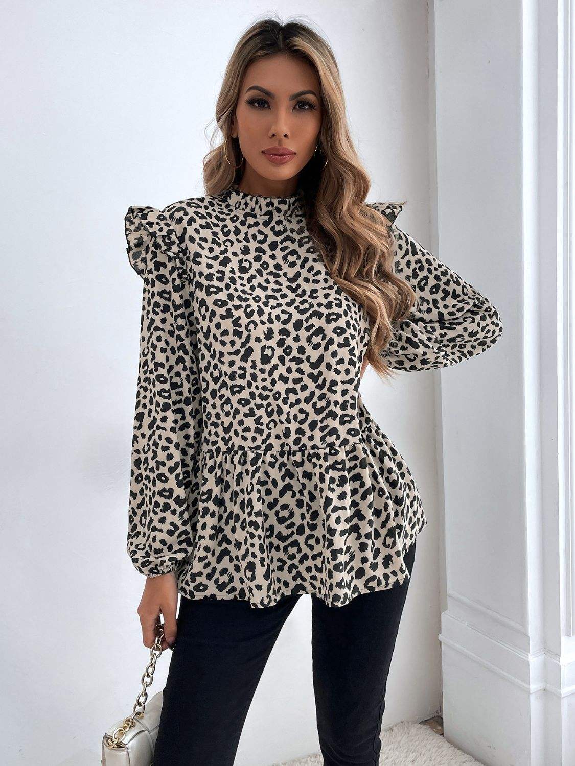Ruffled Leopard Mock Neck Long Sleeve Blouse - Trendsi - Flyclothing LLC