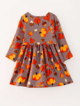 Fall Autumn Leaves Pine Cone Stripe Print Girls Dress