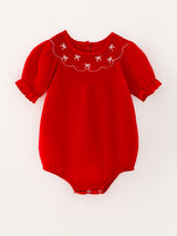 Girls Bow Smocking Embroidered Red Romper - Rylee Faith Designs - Flyclothing LLC