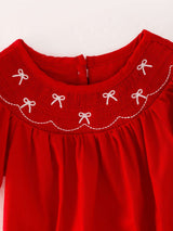 Girls Bow Smocking Embroidered Red Romper - Rylee Faith Designs - Flyclothing LLC