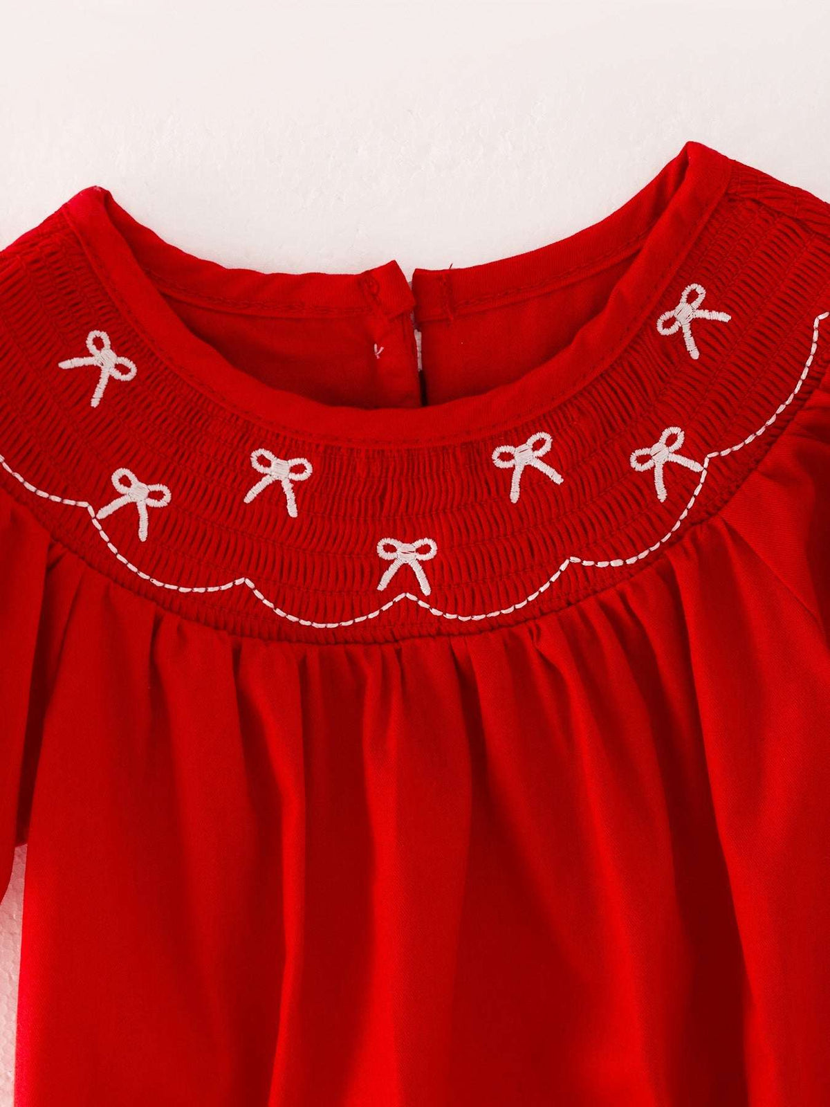 Girls Bow Smocking Embroidered Red Romper - Rylee Faith Designs - Flyclothing LLC