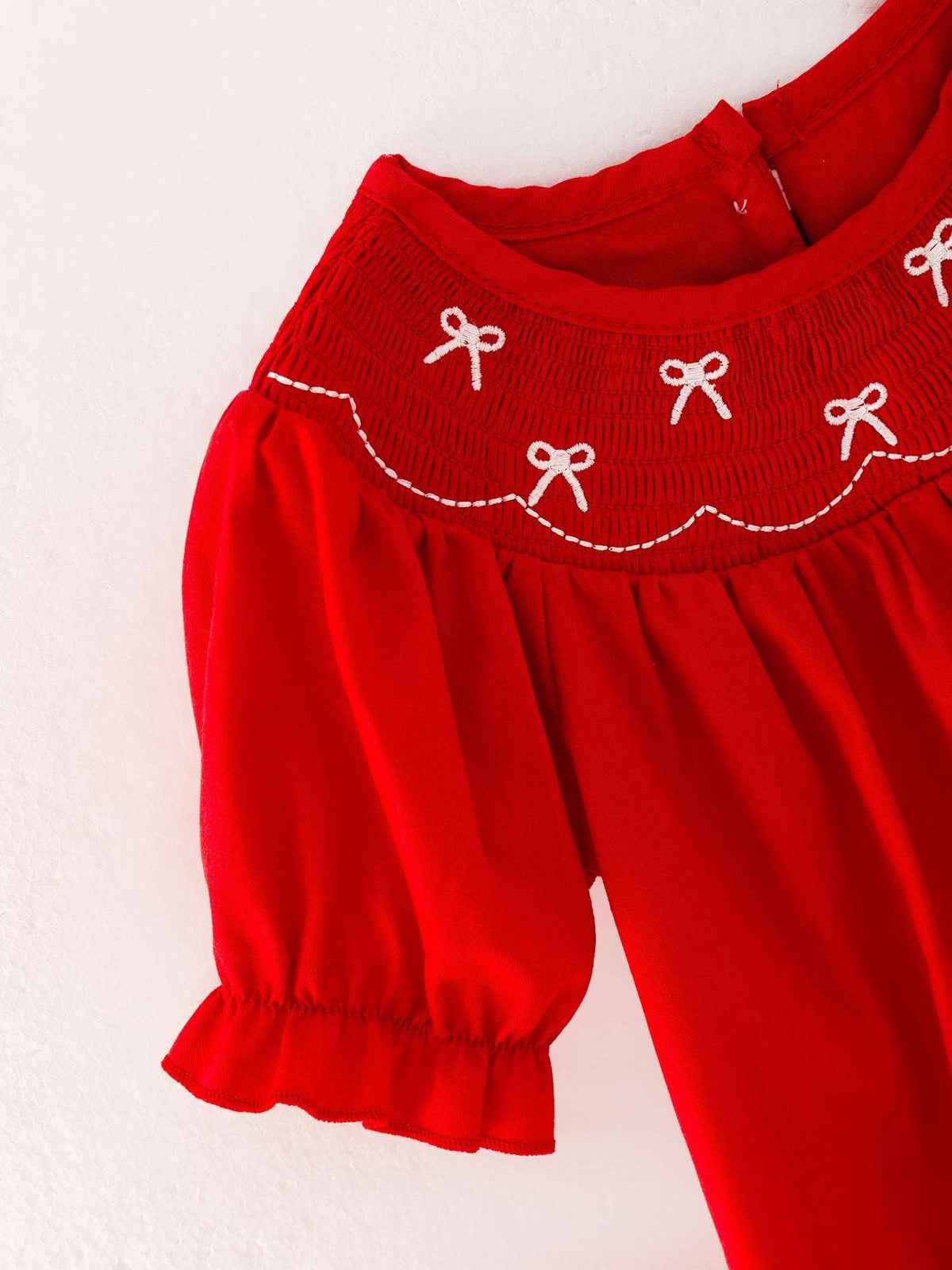 Girls Bow Smocking Embroidered Red Romper - Rylee Faith Designs - Flyclothing LLC