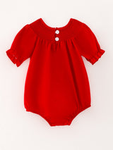 Girls Bow Smocking Embroidered Red Romper - Rylee Faith Designs - Flyclothing LLC